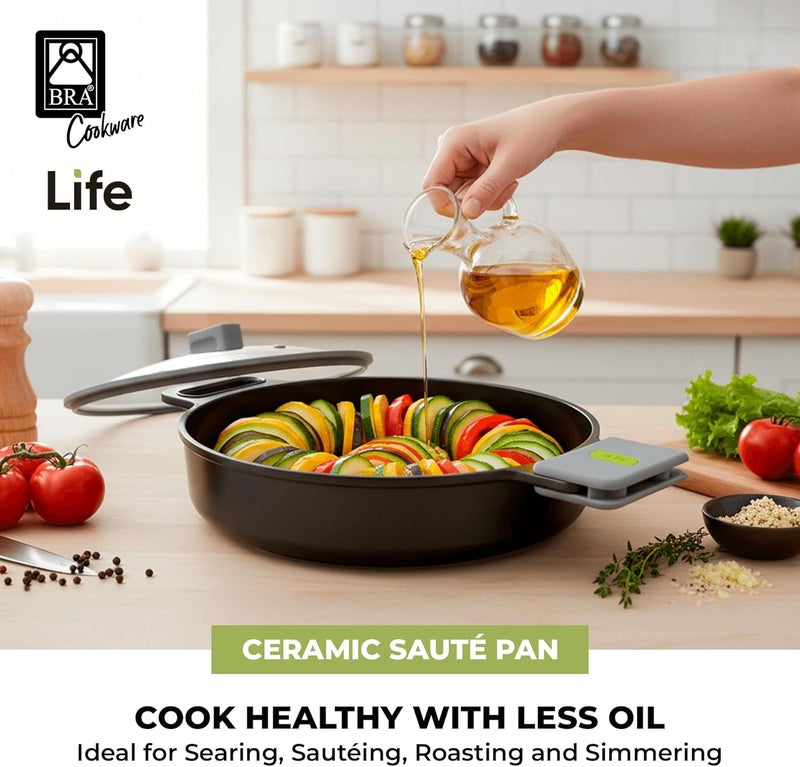BRA COOKWARE Life Ceramic Nonstick Sauté Pan w/Glass Lid | 12.6 Inch 4.79 Quart Recycled Aluminum Deep Pan | Dual-Handle Braiser | Ceramic Non-Stick Coating | PFOA Free | All Cooktops & Oven Safe - Image 4